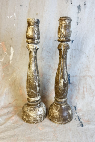 Pair of Vintage Distressed Carved Wooden Candlesticks selected by Stagecoach Home Design LLC