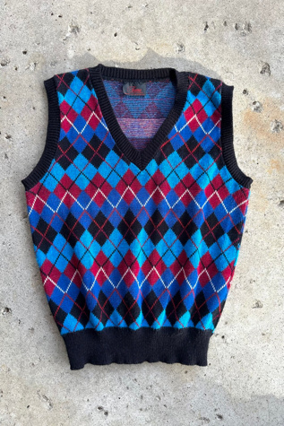 Vintage 1970s Blue and Black Argyle Sweater Vest Selected by Cherry