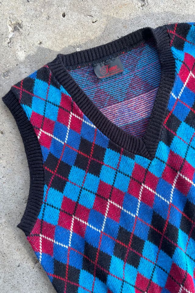 Vintage 1970s Blue and Black Argyle Sweater Vest Selected by Cherry #1