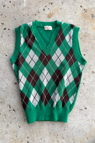 Vintage 1970s Green and Brown Argyle Sweater Vest Selected by