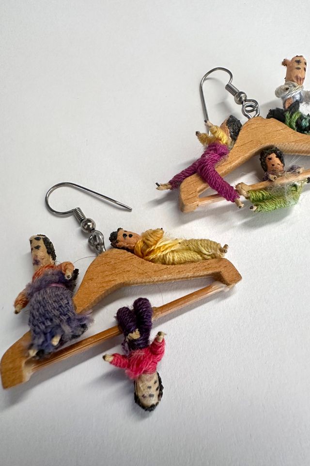 Vintage 1980s Hand Woven People on Wooden Hangers Earrings Selected by Cherry #1