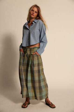 Telluride Wide-Leg Crop Pull-On Madras Pants by Free People in Green, Size: XL