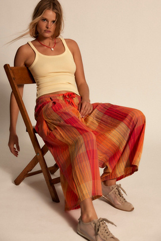 Telluride Wide-Leg Crop Pull-On Madras Pants by Free People in Orange, Size: S