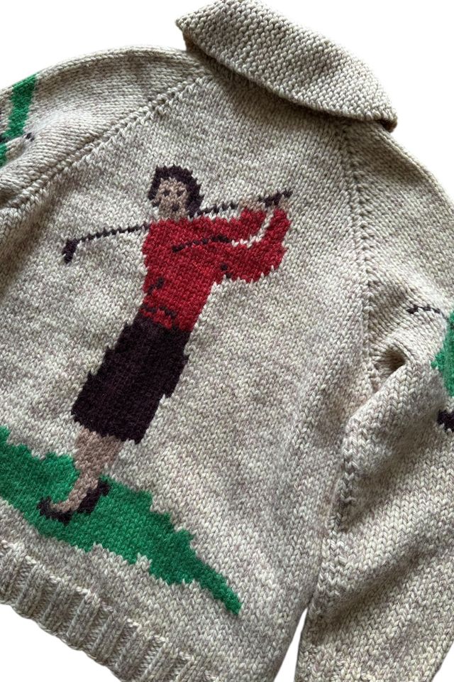 Vintage 1960s Handmade Heavy Knit Wool Woman Golf Theme Cardigan Sweater Selected By Vintage Warrior #1