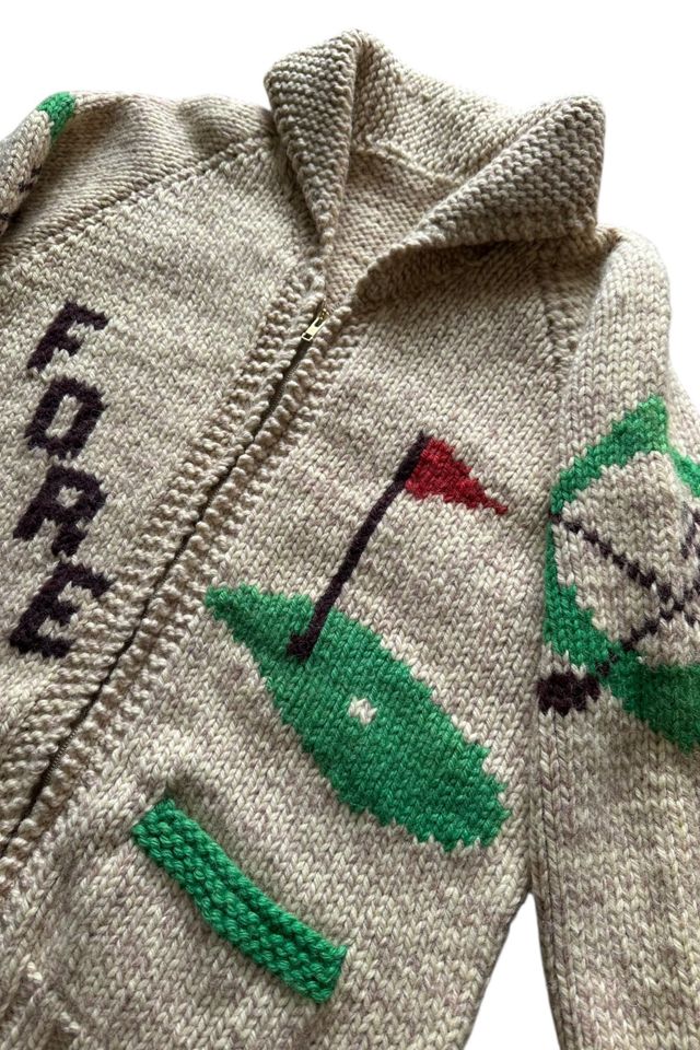 Vintage 1960s Handmade Heavy Knit Wool Woman Golf Theme Cardigan Sweater Selected By Vintage Warrior #3