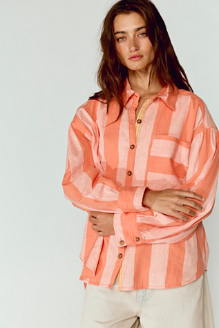 Morning Breeze Button Down at Free People in Coral Combo, Size: XS