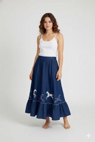 Nostaligic Nomade Satin Horses Denim Skirt