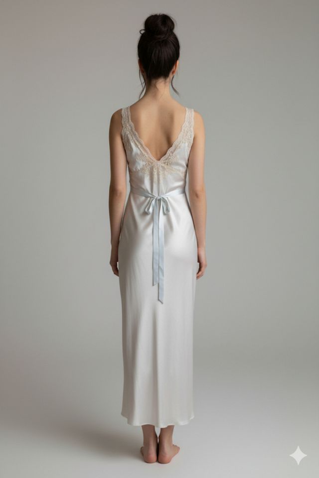 Nostalgic Nomade Ice Blue Silk Slip Dress with Lace Detail #1