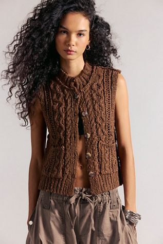 Mable Cable Knit Sweater Vest Jacket by Free People in Brown, Size: XS