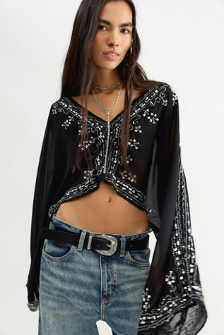 Женский топ Free People Calla Embellished Cape Top, цвет: Чёрный комбинированный — фото 2
