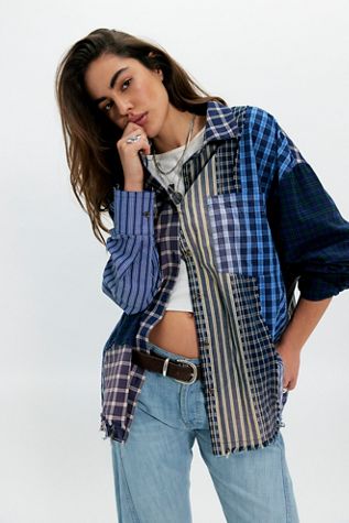 Chemise boutonnée à carreaux et rayures patchwork The Tales