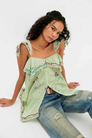 Hankie Embroidered Tunic by Free People in Green, Size: L