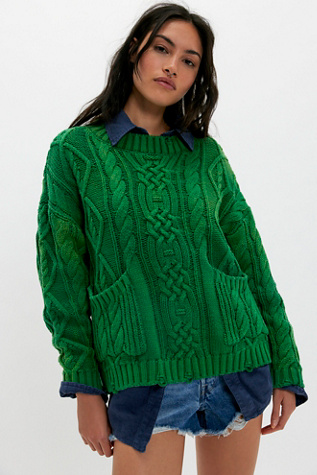 Found Cable Knit Sweater at Free People in Green, Size: L