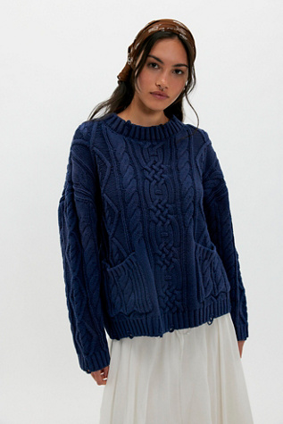 Found Cable Knit Sweater at Free People in Blue, Size: XS
