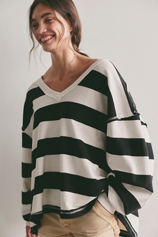 We The Free Venice V-Neck Striped Sweatshirt by Free People in Black, Size: XS