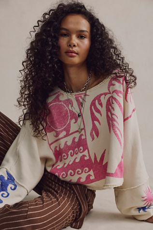 We The Free To The East Printed Crew Neck Jersey Sweatshirt Pullover at Free People in White, Size: XS - Crew Neck