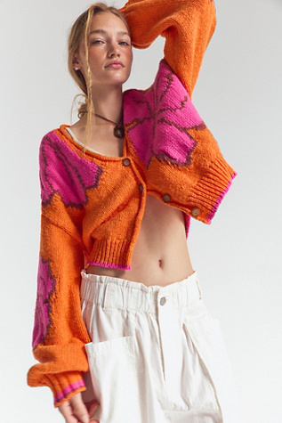 Sunny Patterned Cardi at Free People in Orange Hibiscus, Size: Small