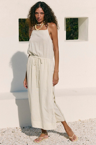 Tanner Linen Skant Wide Leg Low Square Neck Jumpsuit by free-est at Free People in Tan, Size: L - Wide Leg