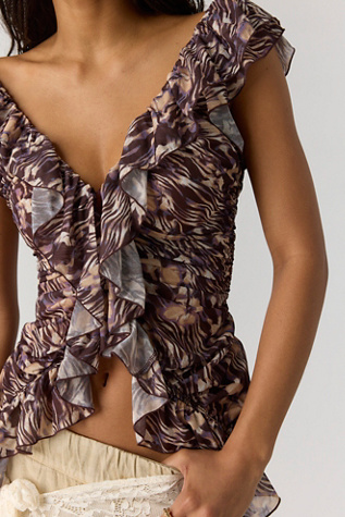 Blythe Printed Ruffled Top by Free People in Brown, Size: XL