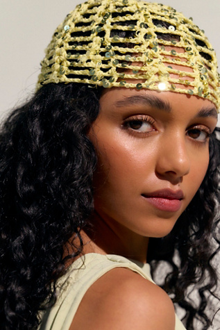 Mila Sequin Disco Crochet Skull Cap at Free People in Yellow