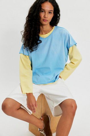 Found Double Layer Long-Sleeve Tee at Free People in Faded Blue And Yellow, Size: Large