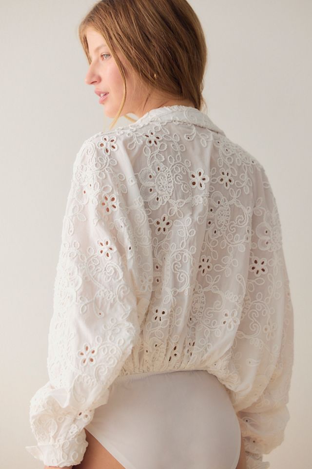 Norma Kamali Eyelet Super Oversized Boyfriend Shirt Bodysuit #1