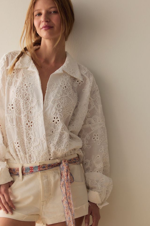 Norma Kamali Eyelet Super Oversized Boyfriend Shirt Bodysuit #3
