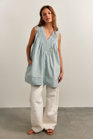 Preston Pleated Denim Mini Dress by Free People in Light Wash, Size: M