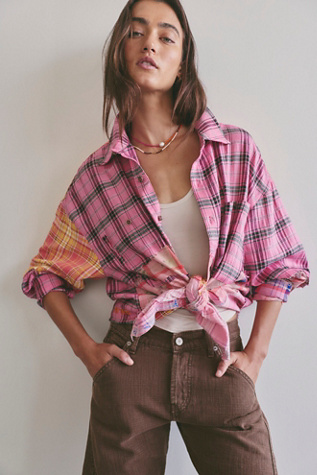 The Tales Repaired Mixed Flannel Shirt at Free People in Pink, Size: S