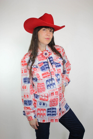 Handmade Vintage Americana US Stamps Button Down Blouse Selected By Moons + Junes Vintage