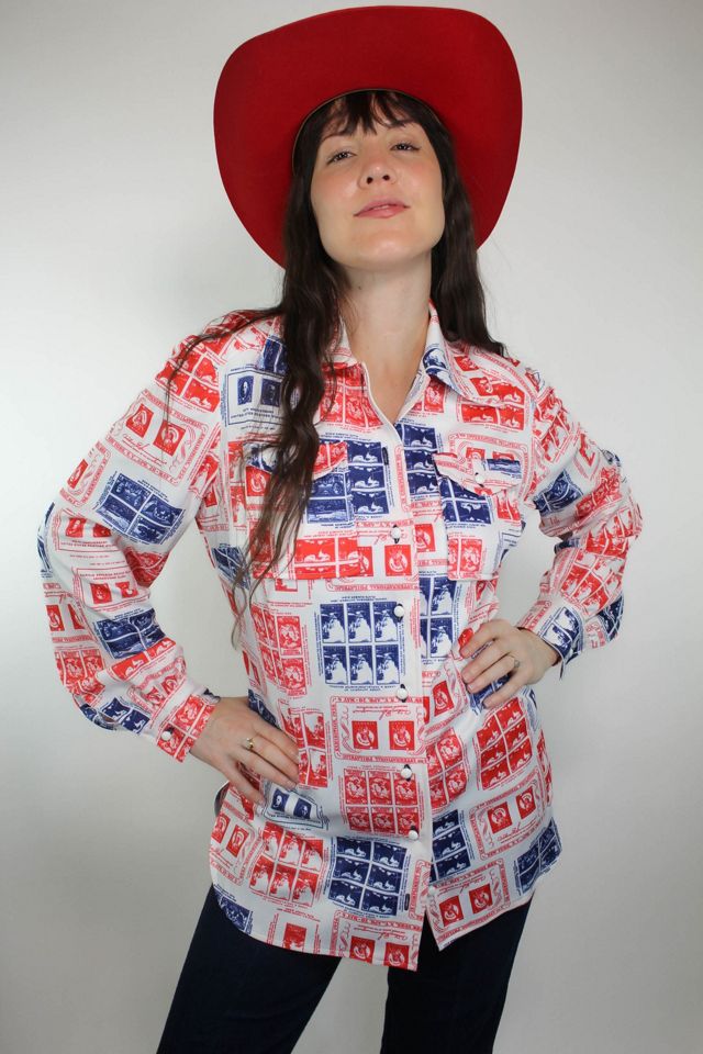 Handmade Vintage Americana US Stamps Button Down Blouse Selected By Moons + Junes Vintage #3