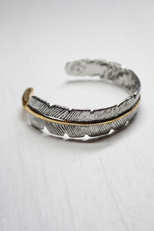 Vintage Two-Tone Stainless Steel Feather Cuff Bracelet Selected By Moons + Junes Vintage