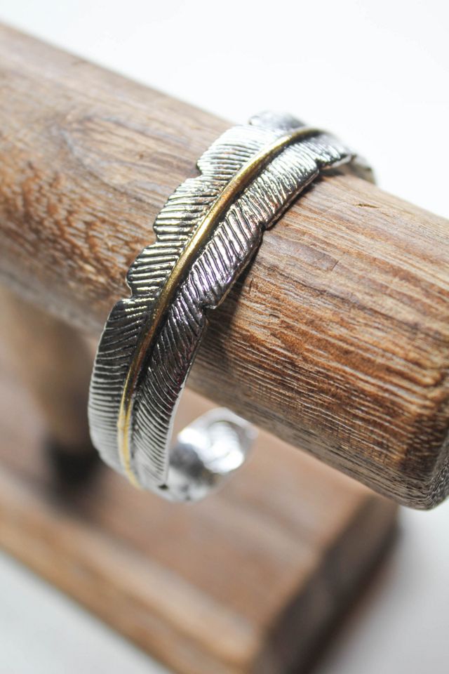 Vintage Two-Tone Stainless Steel Feather Cuff Bracelet Selected By Moons + Junes Vintage #1