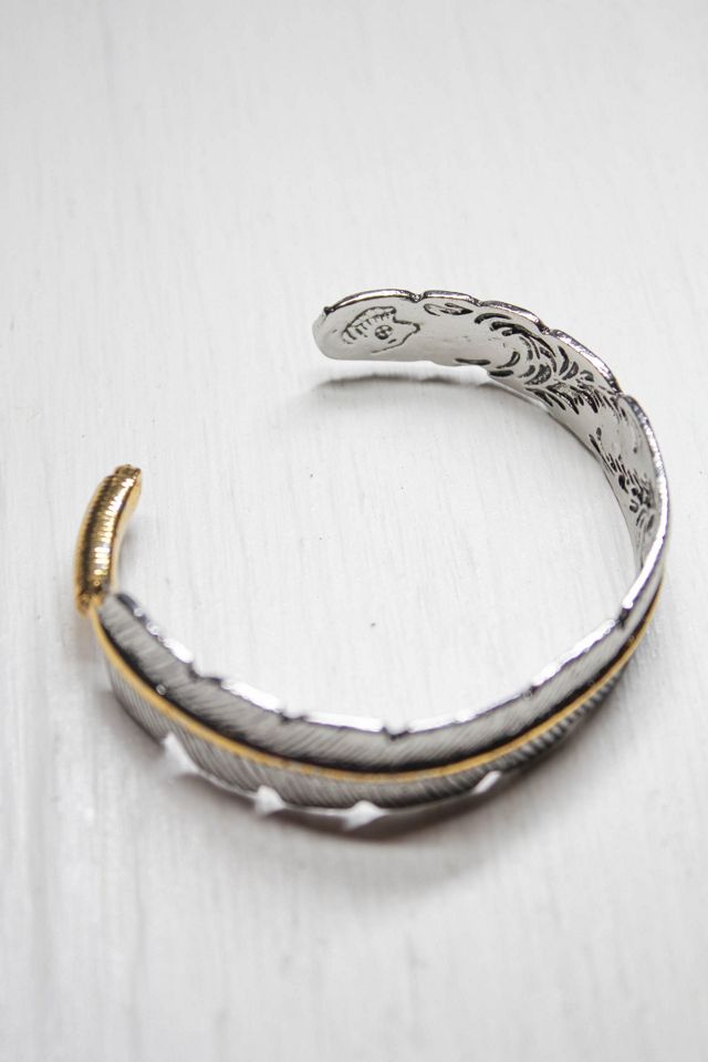 Vintage Two-Tone Stainless Steel Feather Cuff Bracelet Selected By Moons + Junes Vintage #3
