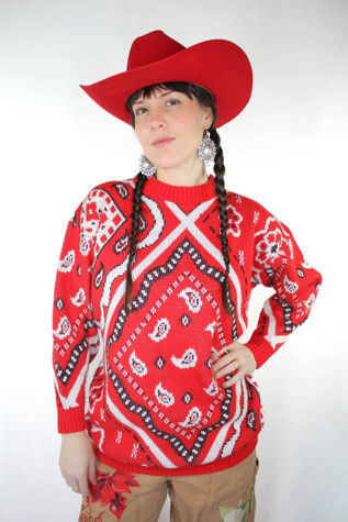 1980s Vintage Western Red Bandana Print Sweater Selected By Moons + Junes Vintage