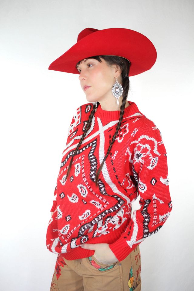 1980s Vintage Western Red Bandana Print Sweater Selected By Moons + Junes Vintage #1
