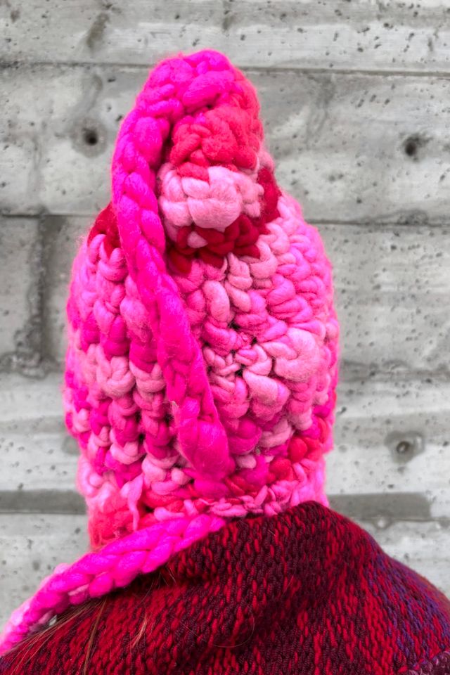 Pink Super Chunky Hand Knit Wool Hat with Tie Selected by Nomad Vintage #1