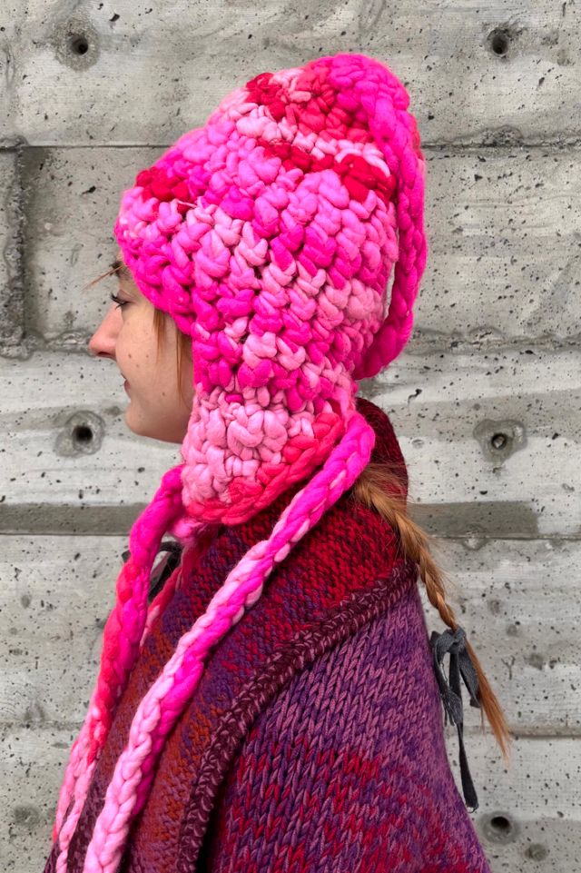 Pink Super Chunky Hand Knit Wool Hat with Tie Selected by Nomad Vintage #2