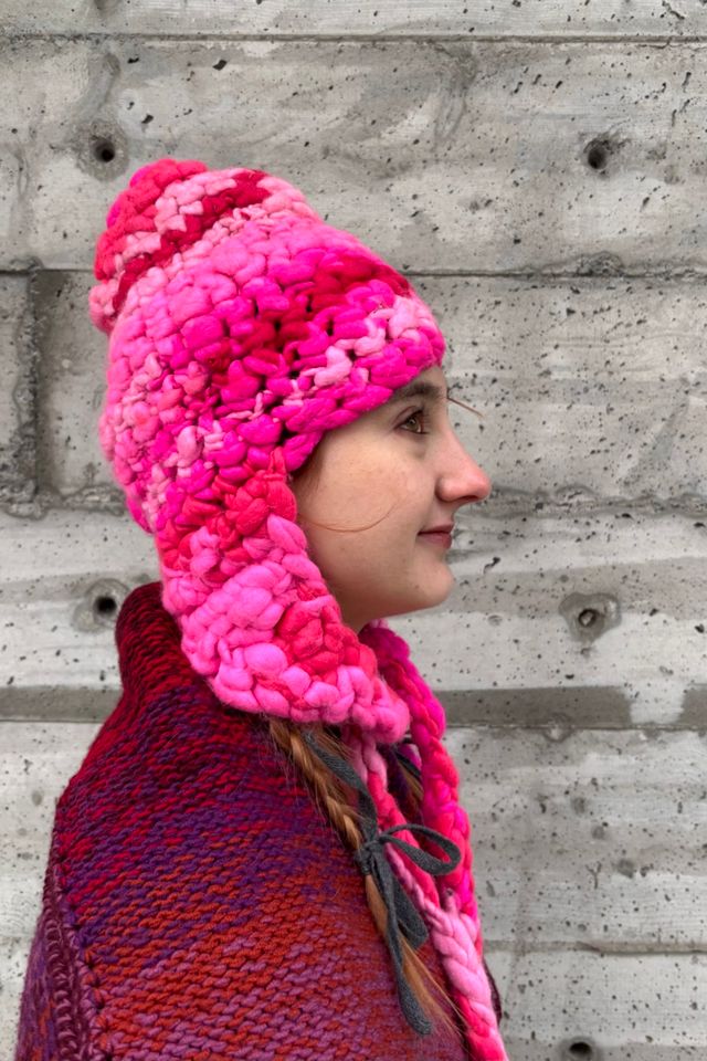 Pink Super Chunky Hand Knit Wool Hat with Tie Selected by Nomad Vintage #3