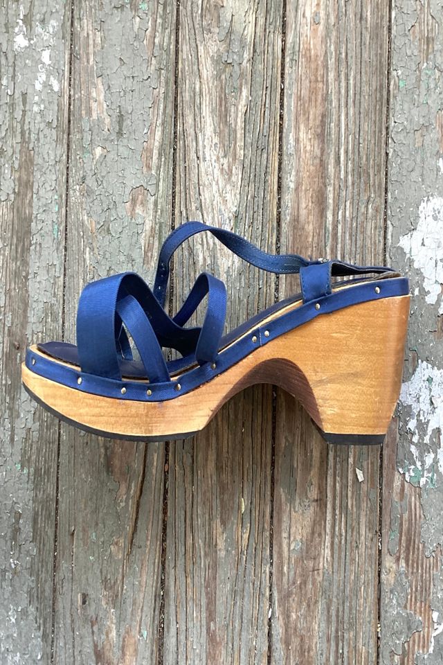 Vintage 1970s Navy Blue Strapped Wooden Heels Selected by Cherry #1