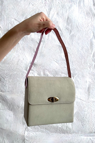 Vintage Deadstock 1950s Suede Box Purse with Metallic Pink Handle Selected by Cherry