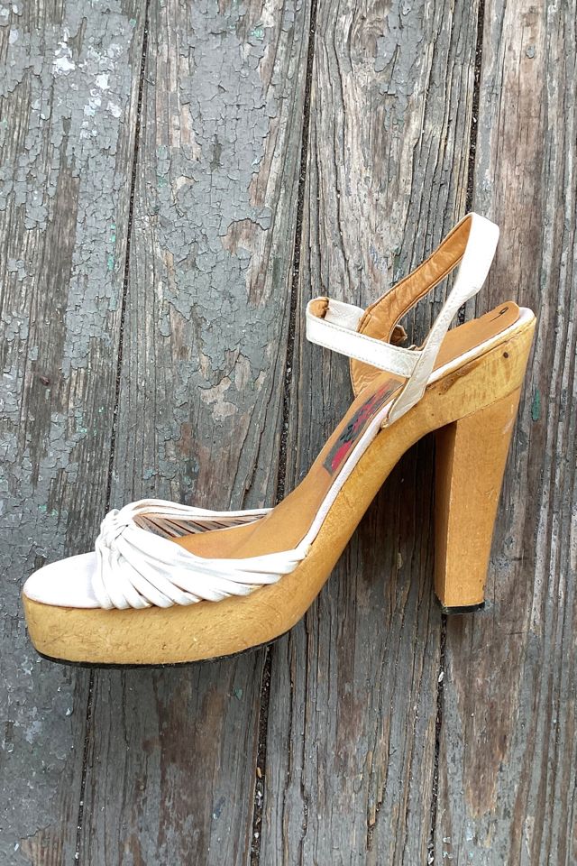 Vintage 1970s Deadstock White Leather Wooden Platform Heels Selected by Cherry #1