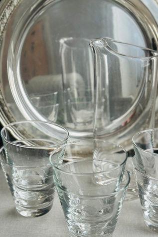 Vintage MCM Silverplate Serving Tray with Six Glasses and Pitcher Selected by KA.TL.AK
