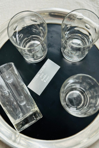 Vintage 1970 Silverplate Trophy Tray with Four Polka Dot Glasses Selected by KA.TL.AK