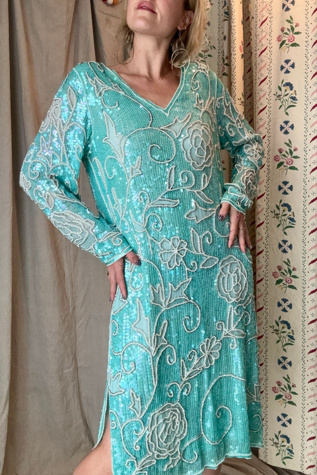 Vintage 1980s Sequin Silk Gown Selected by Kikos Kloset