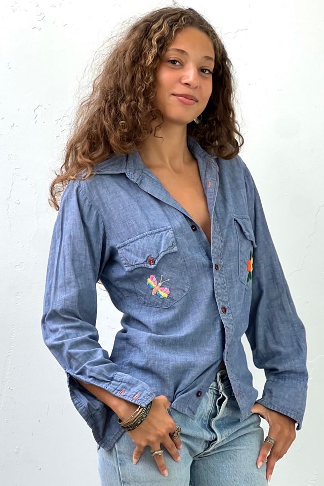 Vintage Hand Embroidered Sunset Chambray Button Down Top Selected by Anna Corinna #1