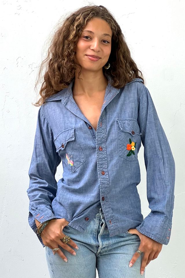 Vintage Hand Embroidered Sunset Chambray Button Down Top Selected by Anna Corinna #2