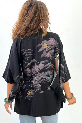 Vintage Hand Woven Midnight Silk Demi Kimono Selected by Anna Corinna