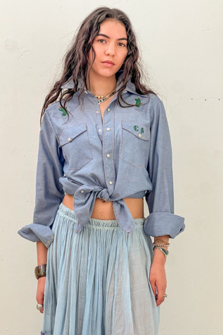 Vintage Painted Cactus Chambray Snap Up Top Selected by Anna Corinna