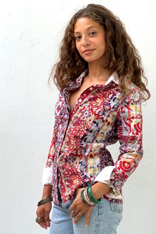 Vintage Print On Plaid Button Down Top Selected by Anna Corinna